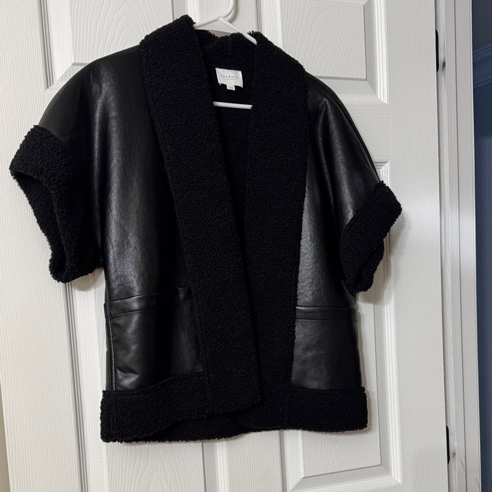 Sundays Black Leather Jacket with Textured Trim